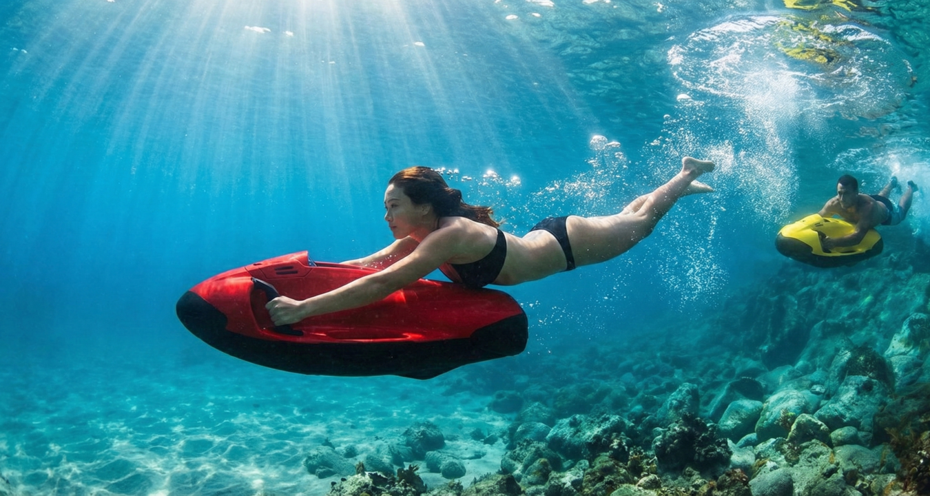 Underwater Seabob ride with a person gliding above coral reefs in clear blue sea